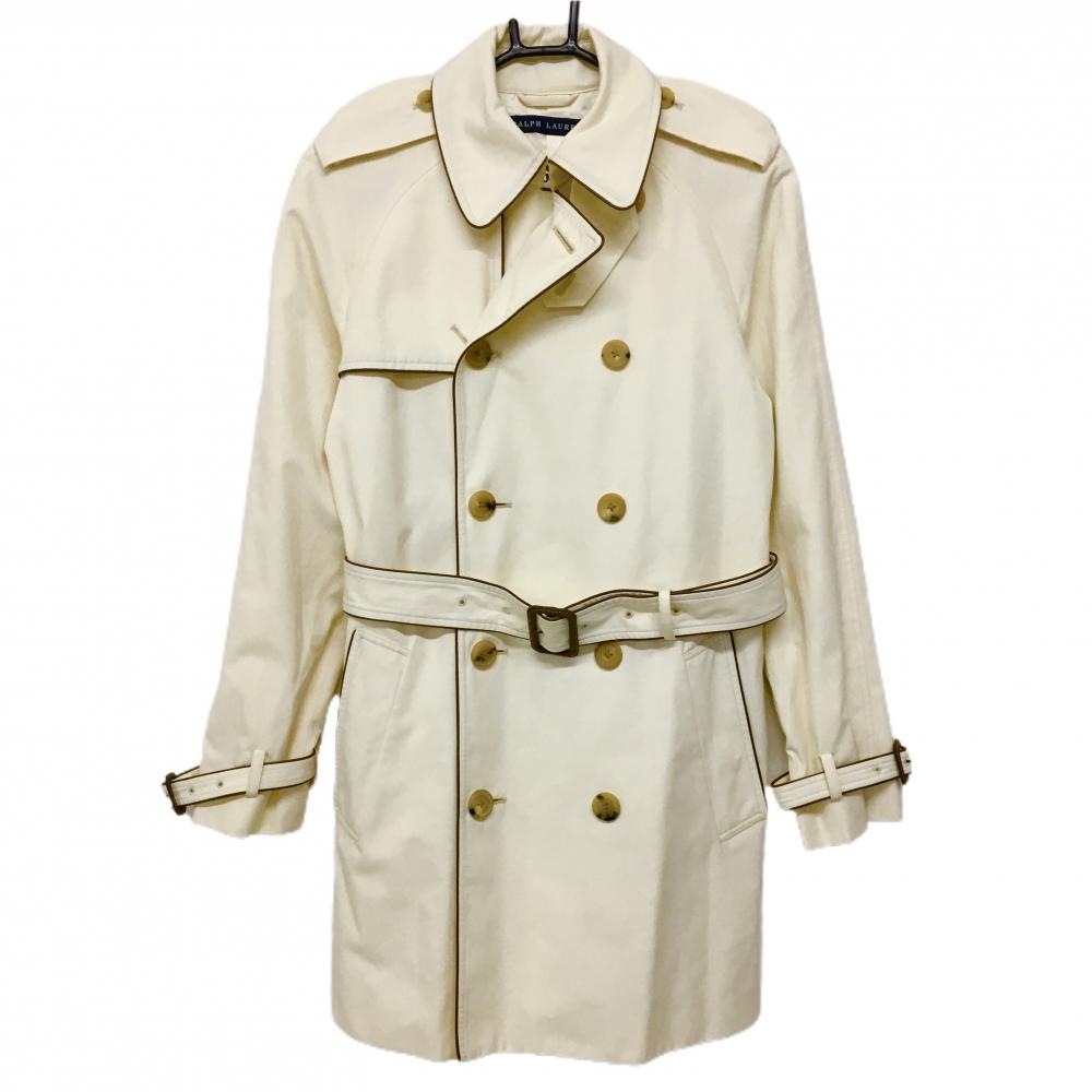【美品】ラルフローレン トレンチコート アイボリー×ブラウン ベルト付 羊皮 レディース 9 ゴルフウェア Ralph Lauren