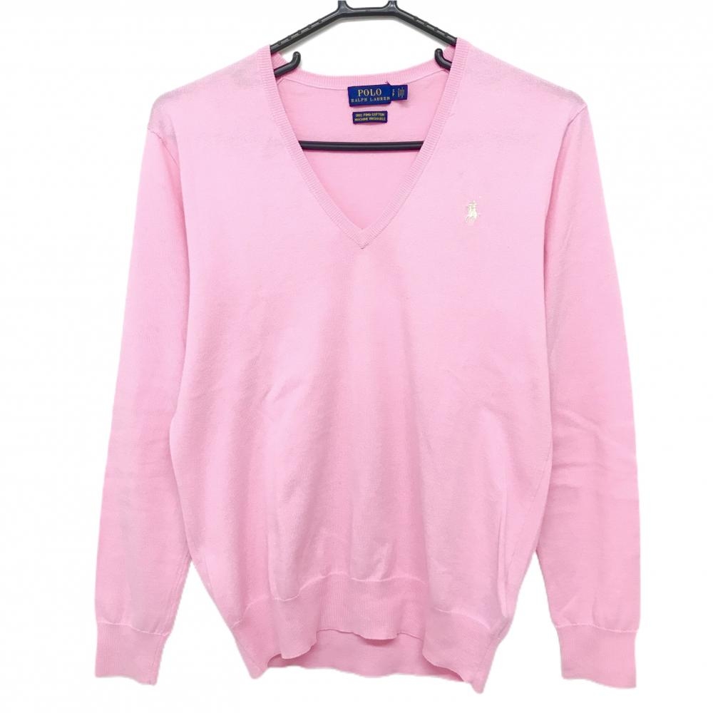 ポロラルフローレン セーター ピンク Vネック ロゴ白 コットン100％ ニット レディース SP ゴルフウェア Ralph Lauren