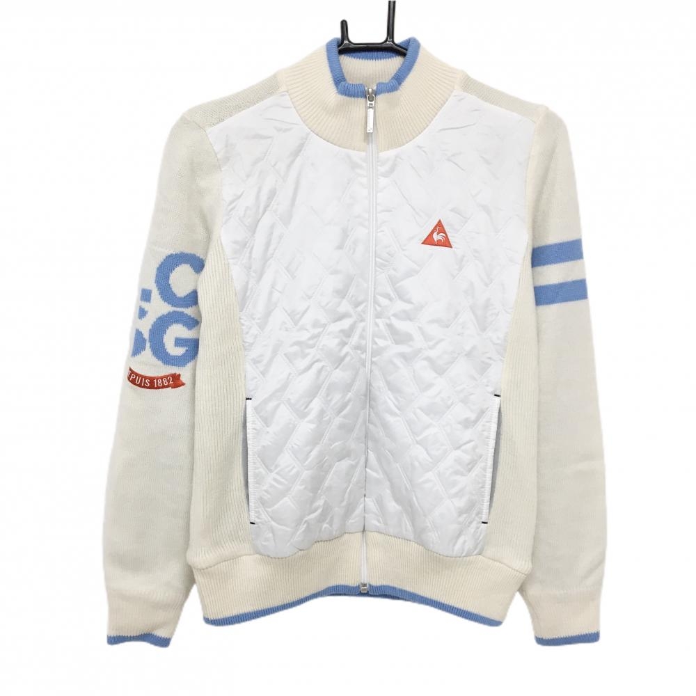 【超美品】ルコックゴルフ 中綿ニットジャケット 白×ライトブルー 前身頃中綿 裏地付  レディース M ゴルフウェア le coq sportif