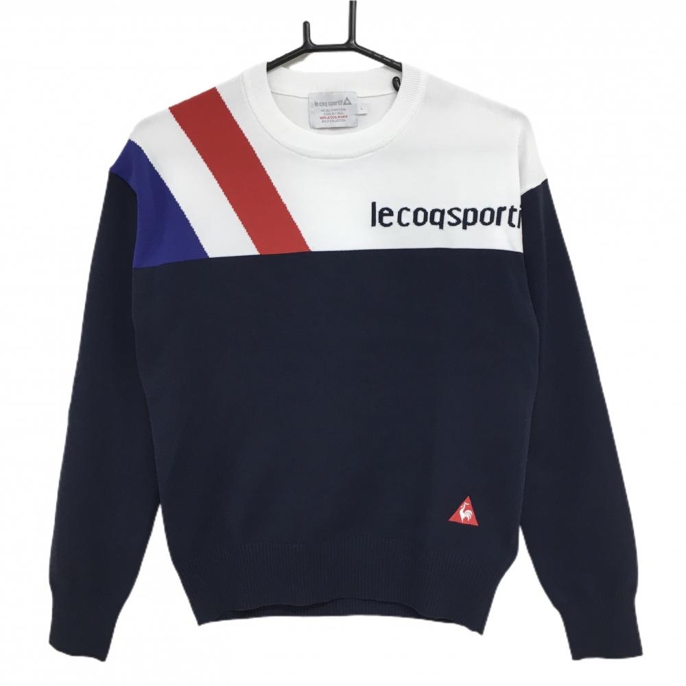 【超美品】ルコックゴルフ セーター ネイビー×白 肩トリコロールライン ロゴ ニット レディース L ゴルフウェア le coq sportif