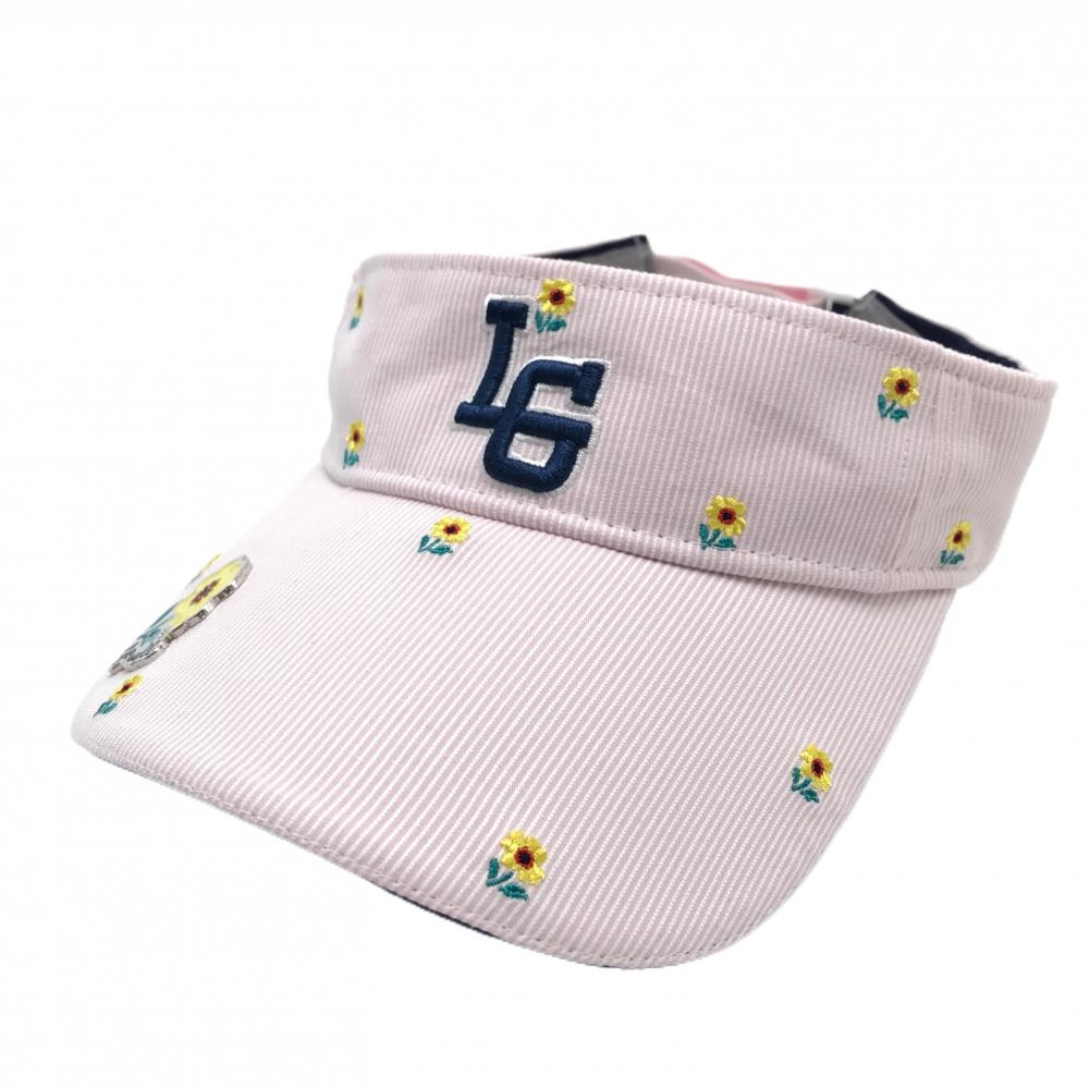 【超美品】ルコックゴルフ マーカー付サンバイザー ライトピンク×白 細ストライプ レディース F(55-57cm) ゴルフウェア le coq sportif