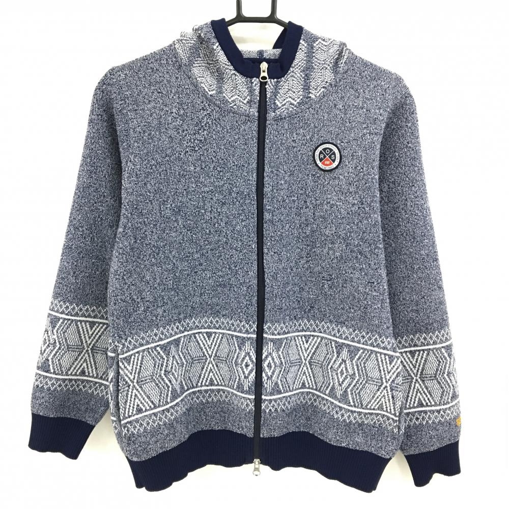 【美品】ロサーセン ニットジップパーカー 杢ネイビー×白 一部柄 ジャケット レディース L ゴルフウェア Rosasen