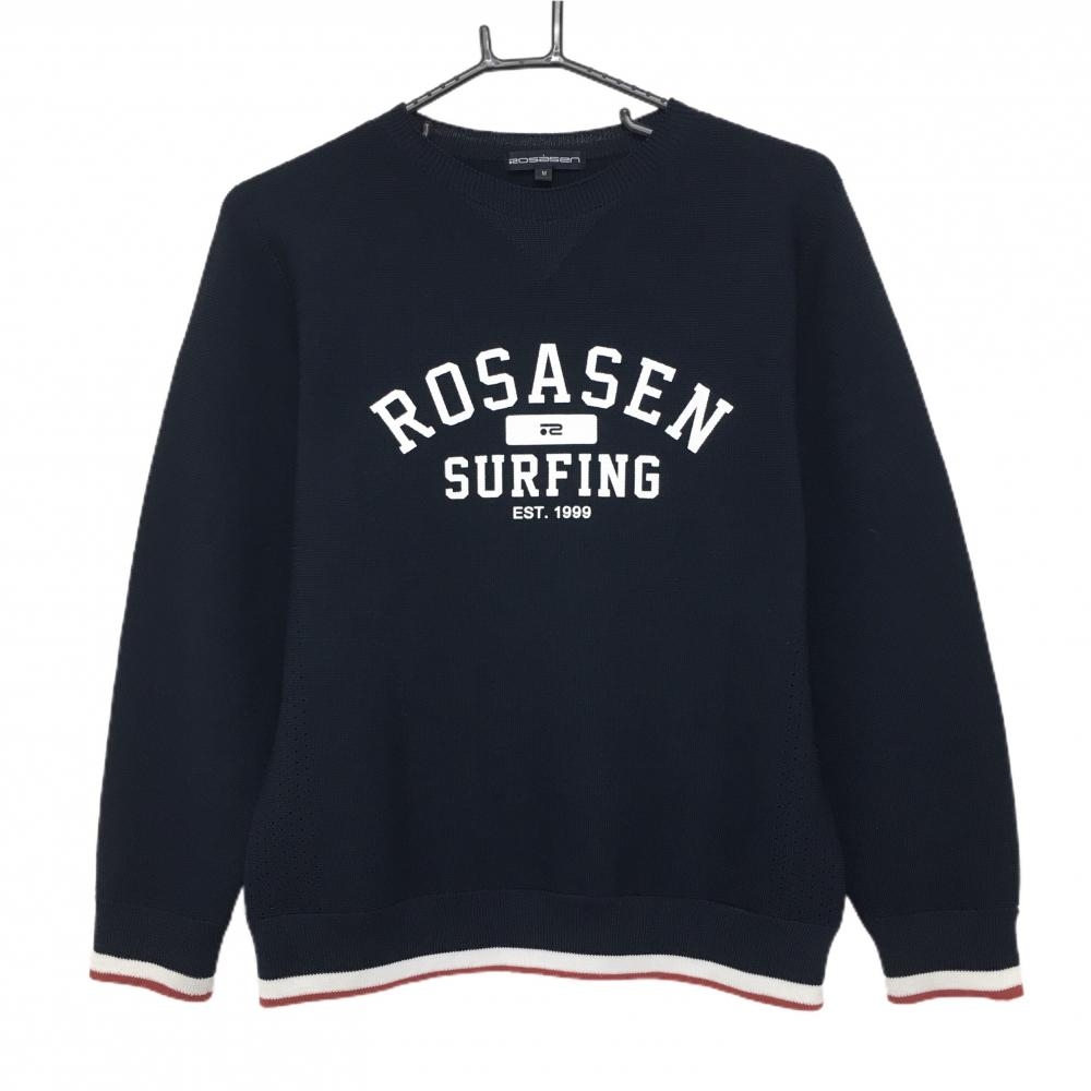 【美品】ロサーセン セーター ネイビー×白×レッド系 フロントロゴプリント サイドメッシュ調 ニット レディース M ゴルフウェア Rosasen