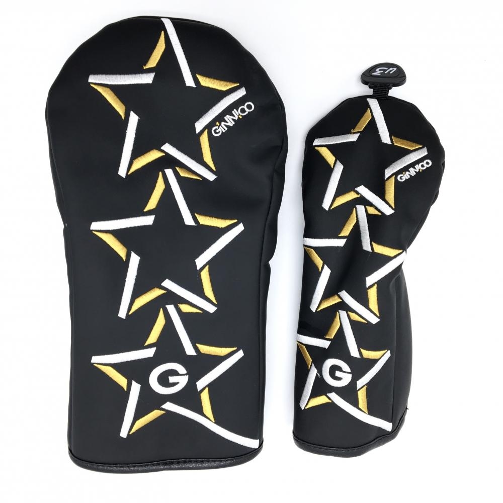 【超美品】ジニコ ヘッドカバー2点セット(DR UT) 黒×白 星柄 ドライバー ユーティリティゴルフ GINNICO