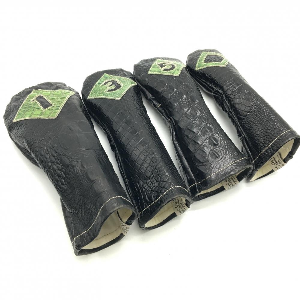 【美品】イリアックゴルフ ヘッドカバー4点セット(DR FW×2 UT) 黒×グリーン クロコ型押しゴルフ iliac Golf