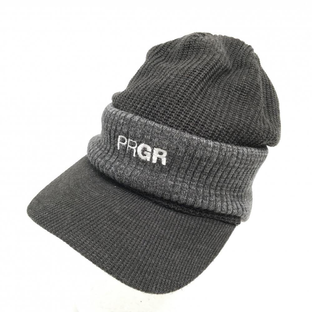 【超美品】プロギア ネックウォーマー付つば付きニット帽 ダークグレー 裏フリース DRY KNIT  ゴルフウェア PRGR GOLF