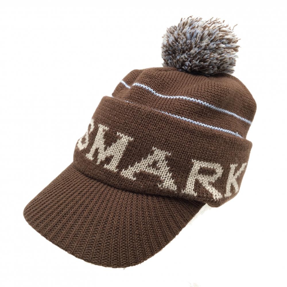 【美品】キスマーク つば付きニット帽 ブラウン×ライトブルー ロゴ ポンポン付 ウール混 FREE   ゴルフウェア kissmark