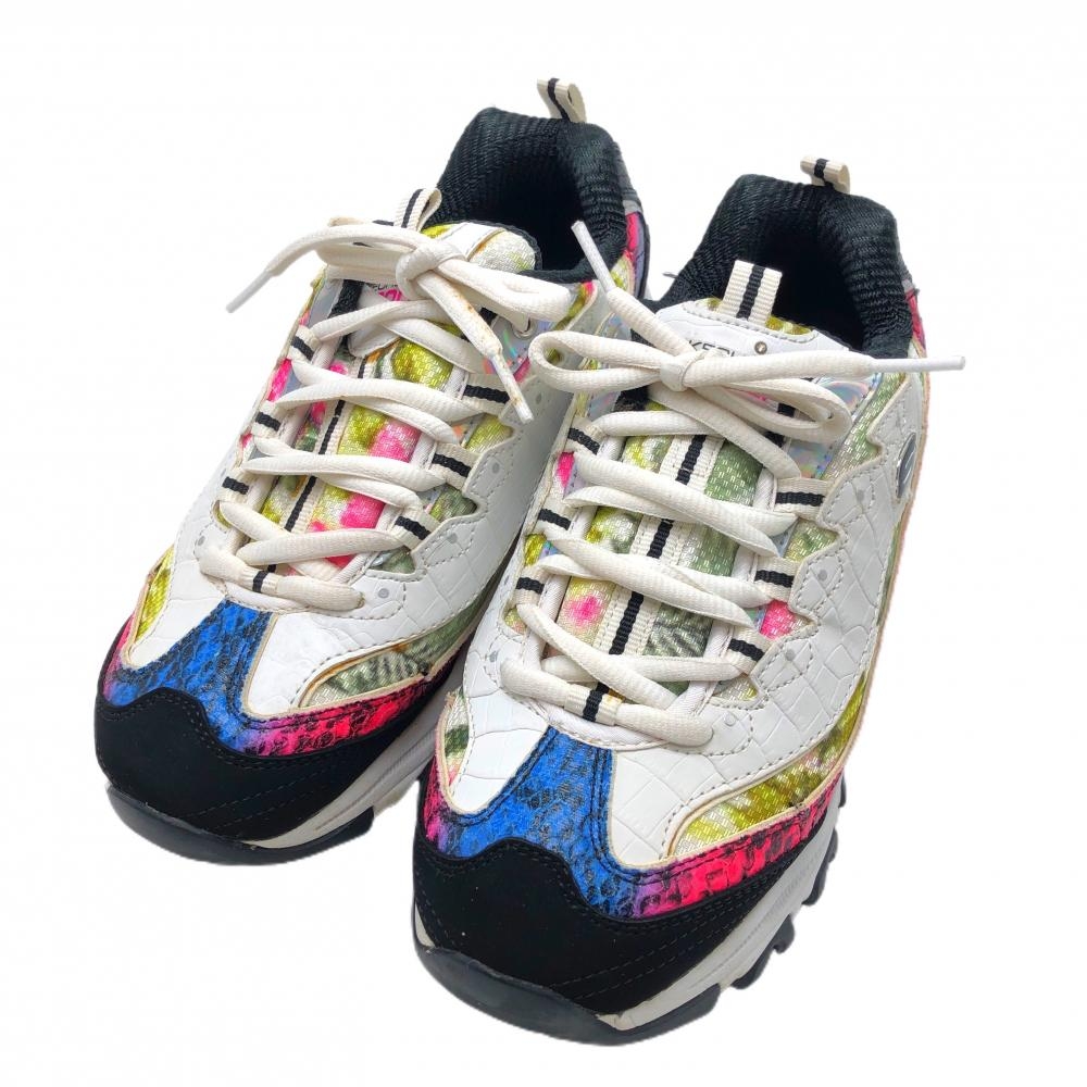 【美品】スケッチャーズ ゴルフシューズ 白×グリーン SN123998 花柄風 スパイクレス レディース 24.0 ゴルフウェア SKECHERS