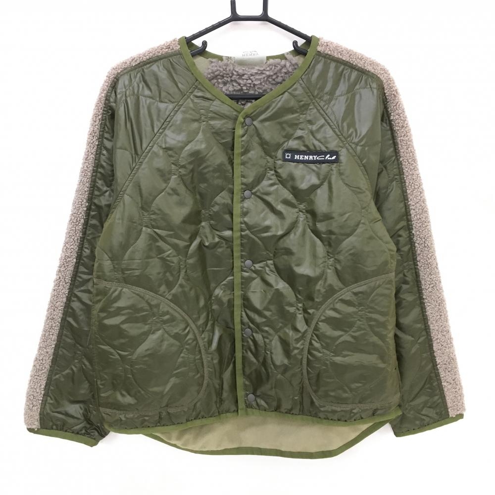 【美品】ヘンリークラブ 異素材中綿ジャケット カーキ×グレー シリコンロゴ 裏起毛 レディース 42(L) ゴルフウェア HENRY Club