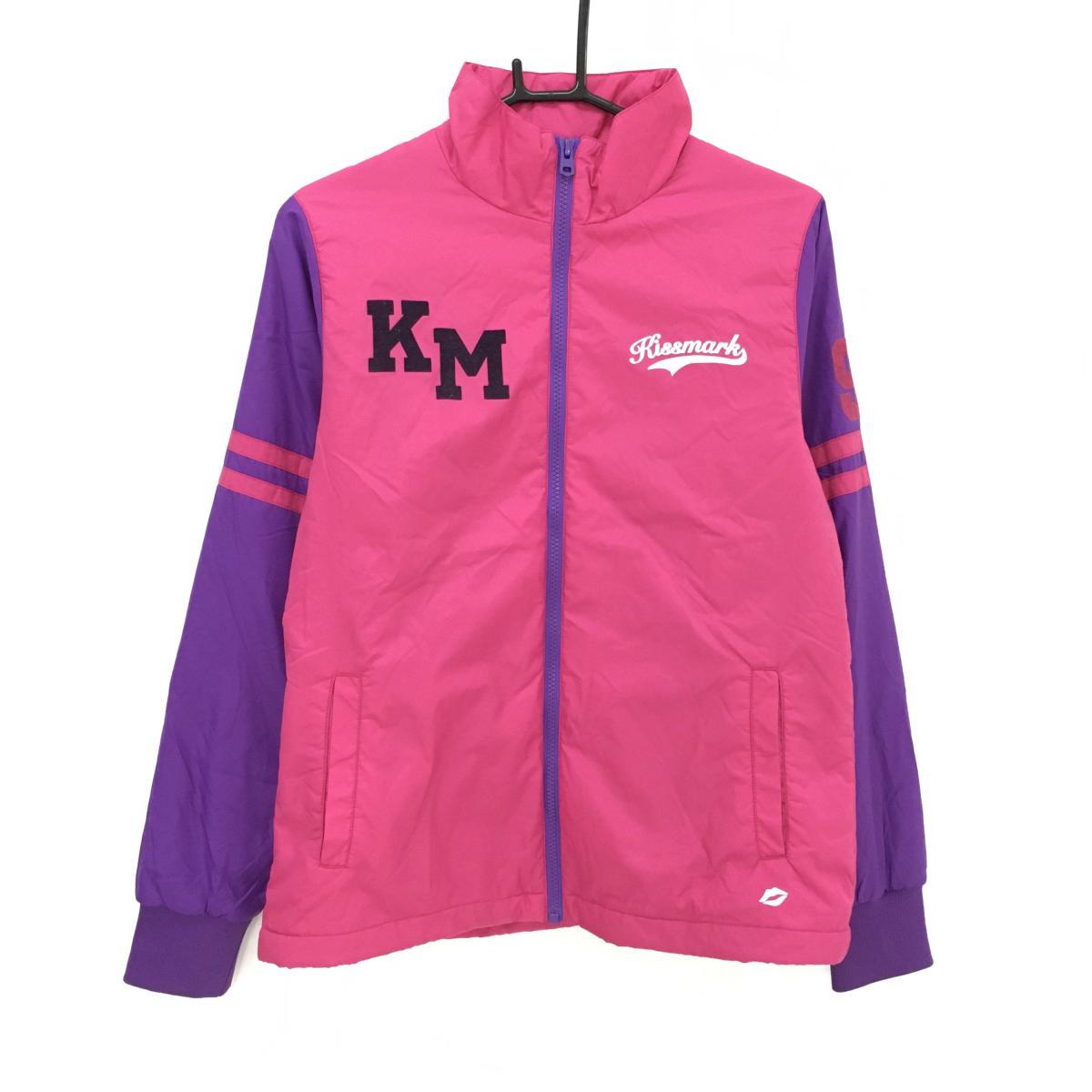 【美品】キスマークゴーゴルフ 中綿ジャケット ピンク×パープル バイカラー 裾ドローコード レディース L ゴルフウェア KISS MARK GOLF