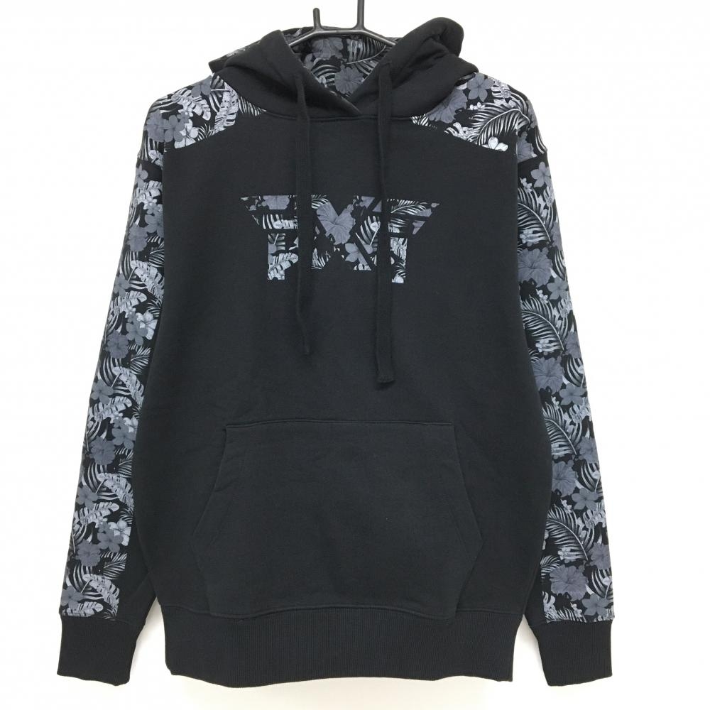 【超美品】パーソンズエクストリームゴルフ フード付トレーナー 黒×グレー 一部花柄 裏起毛 レディース 共通サイズS ゴルフウェア PXG