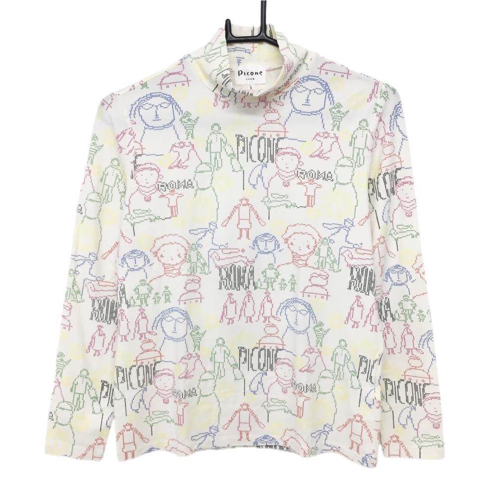 【超美品】ピッコーネクラブ 長袖ハイネックシャツ 白×マルチカラー 総柄 表微起毛 レディース I(M) ゴルフウェア PICONE