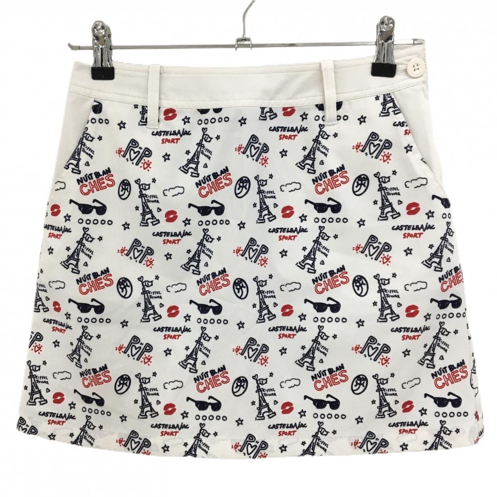 【美品】カステルバジャック スカート 白×ネイビー エッフェル塔総柄 ウエスト後ろゴム レディース 38 ゴルフウェア CASTELBAJAC