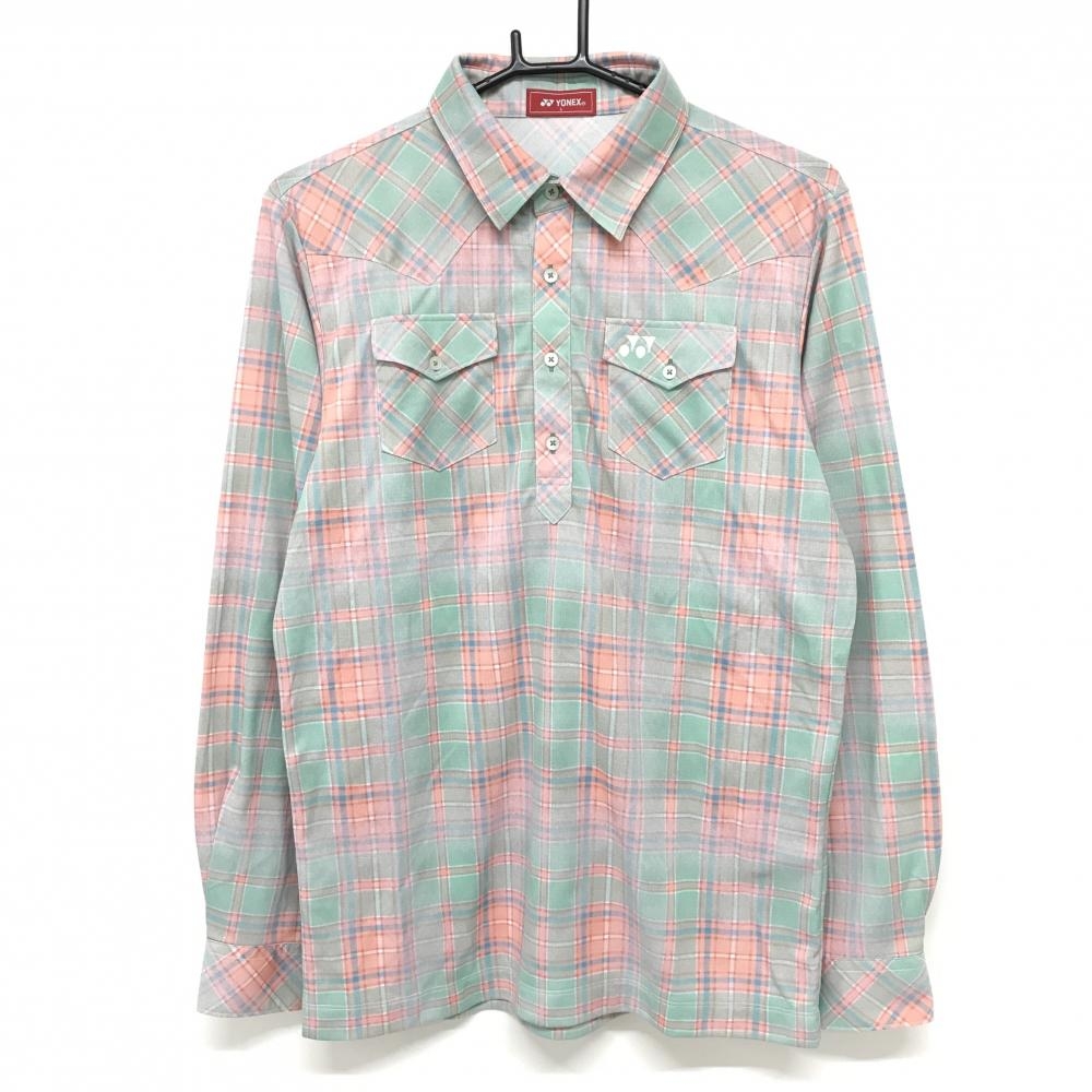 【超美品】ヨネックス 長袖ポロシャツ ミントグリーン系×サーモンピンク系 チェック 胸ポケット付 メンズ L ゴルフウェア YONEX