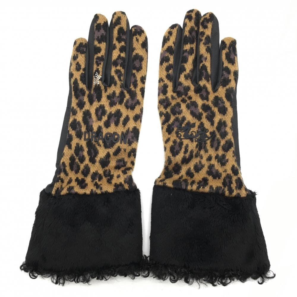 【美品】ダンスウィズドラゴン グローブ 黒×ライトブラウン系 両手用 レオパード 手袋  レディース  ゴルフウェア Dance With Dragon