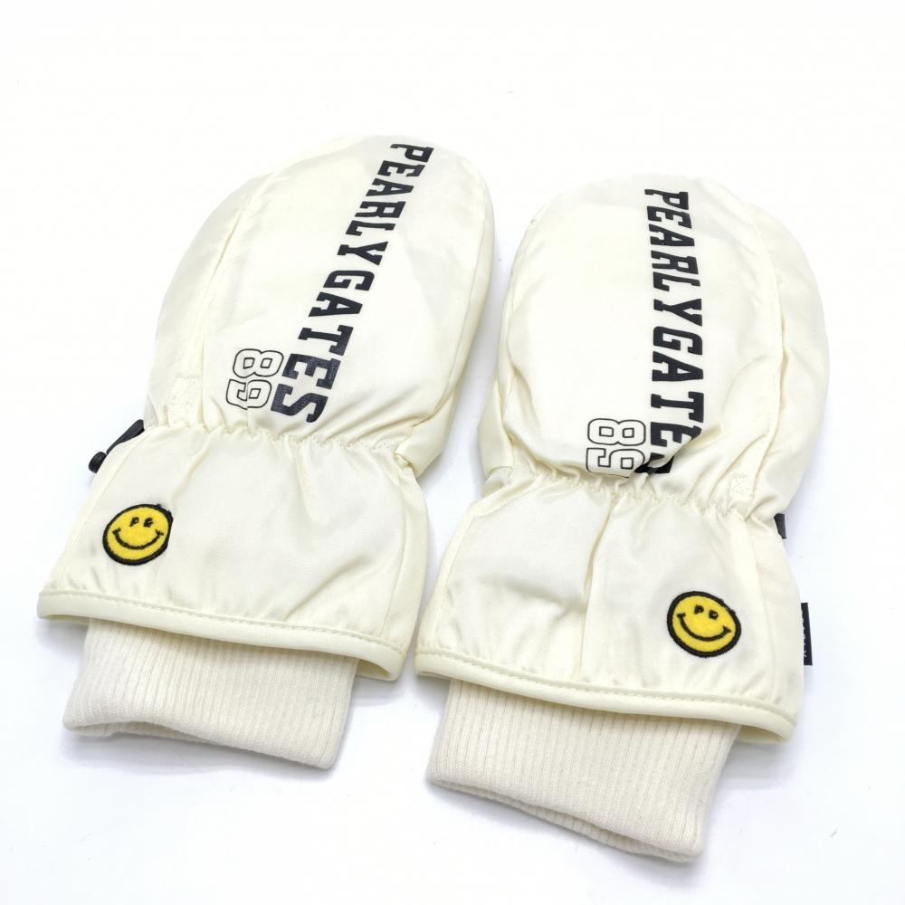 パーリーゲイツ 手袋 アイボリー×黒 ニコちゃん スマイル 裏ボア ミトングローブ 両手 メンズ  ゴルフウェア PEARLY GATES