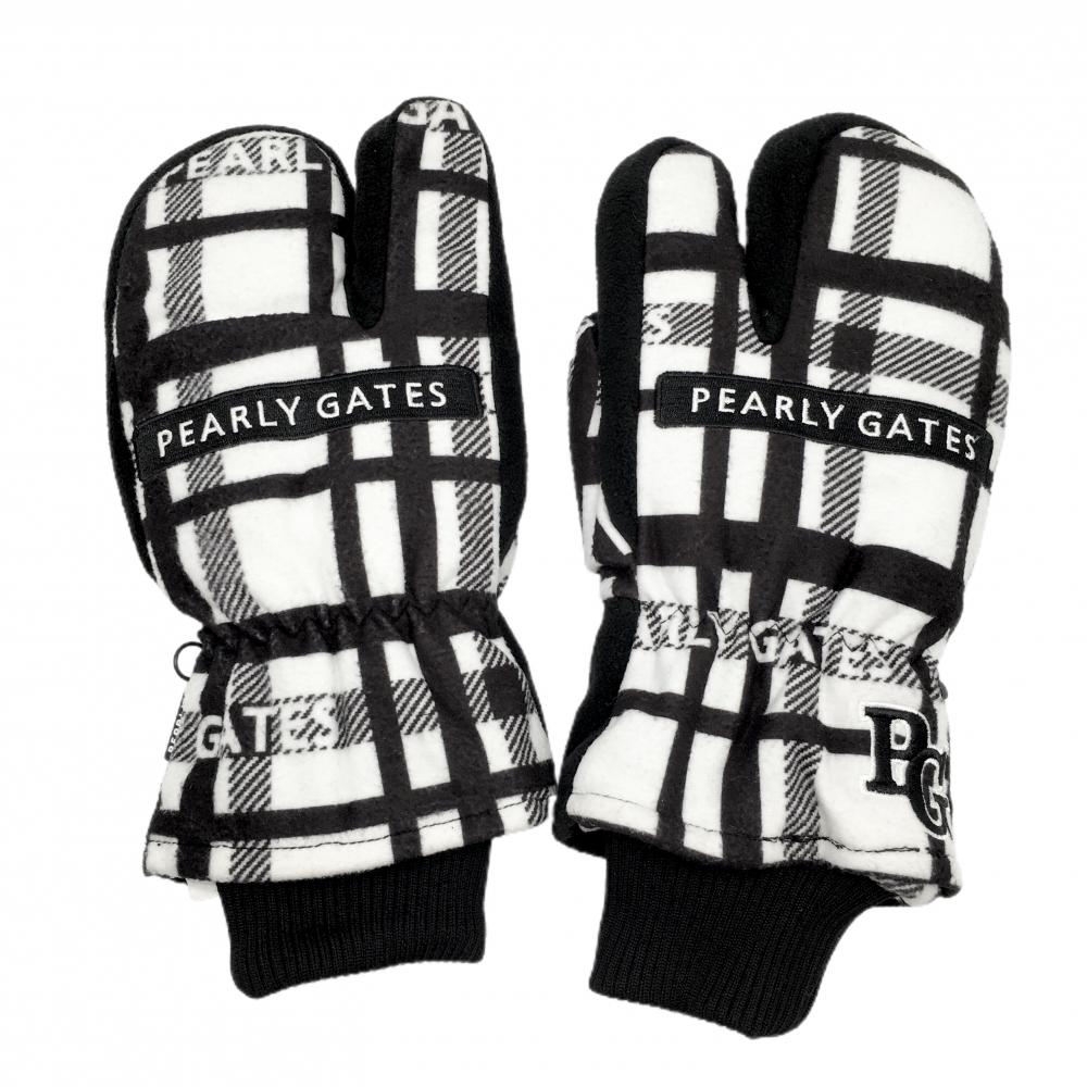 【美品】パーリーゲイツ 手袋 白×黒 チェック フリース ミトングローブ メンズ  ゴルフウェア PEARLY GATES
