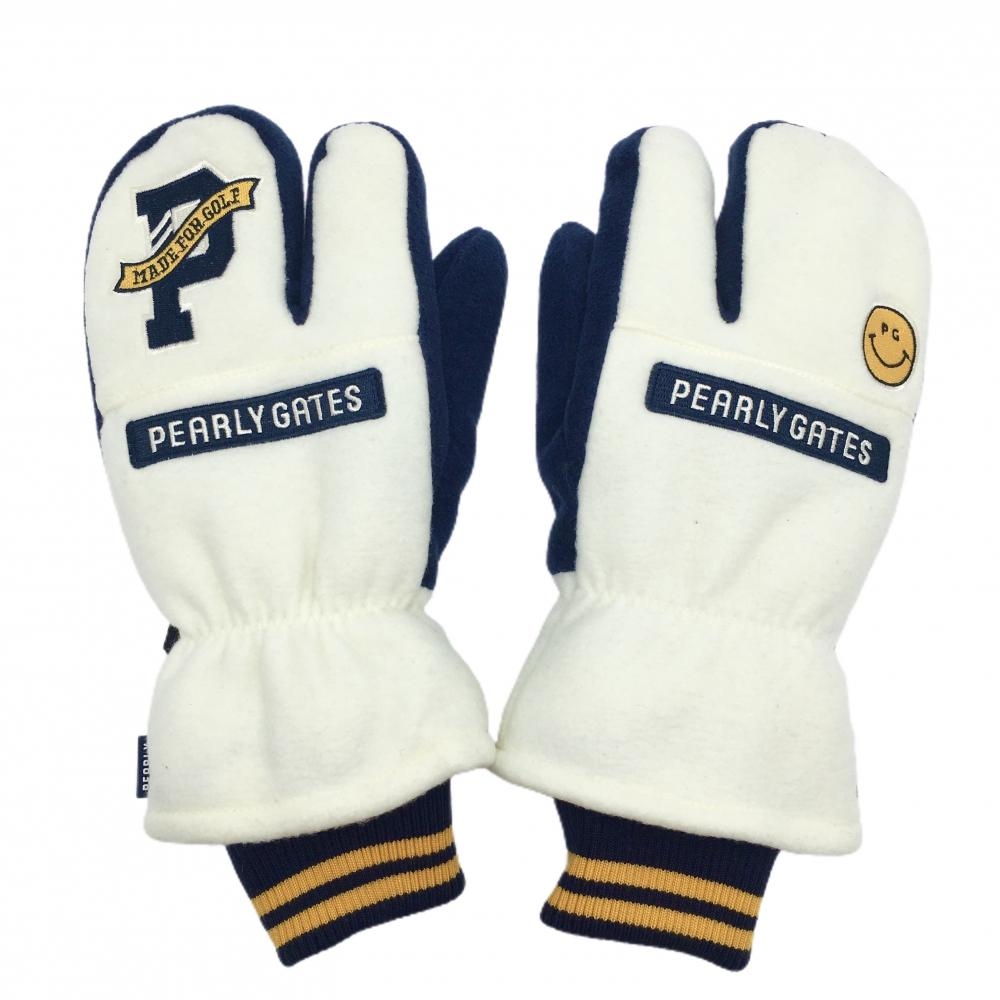 【新品】パーリーゲイツ 手袋 白×ネイビー ニコちゃん ミトングローブ スマイル メンズ  ゴルフウェア PEARLY GATES