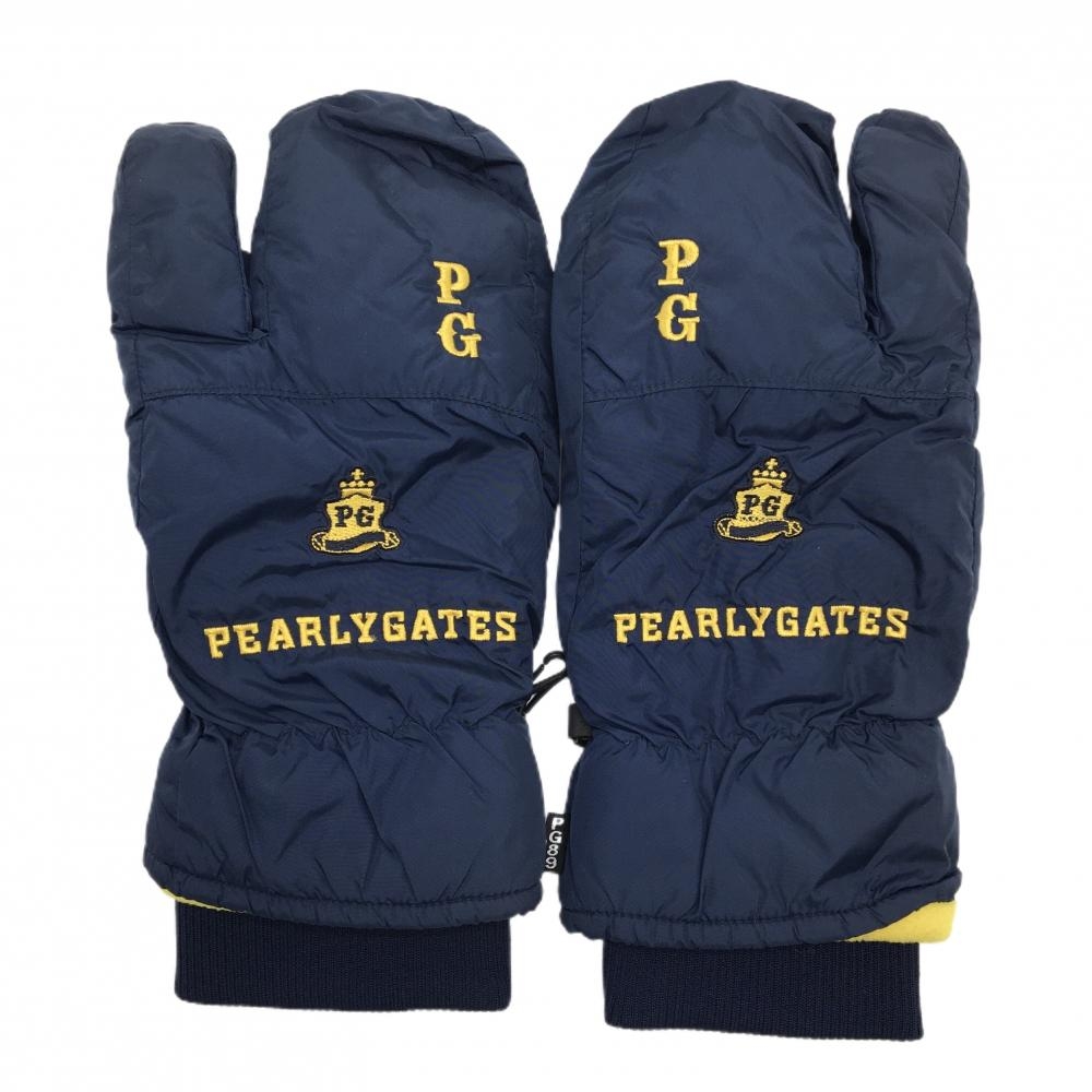 【美品】パーリーゲイツ 手袋 ネイビー×イエロー ミトングローブ 内側フリース ロゴ刺しゅう メンズ L ゴルフウェア PEARLY GATES