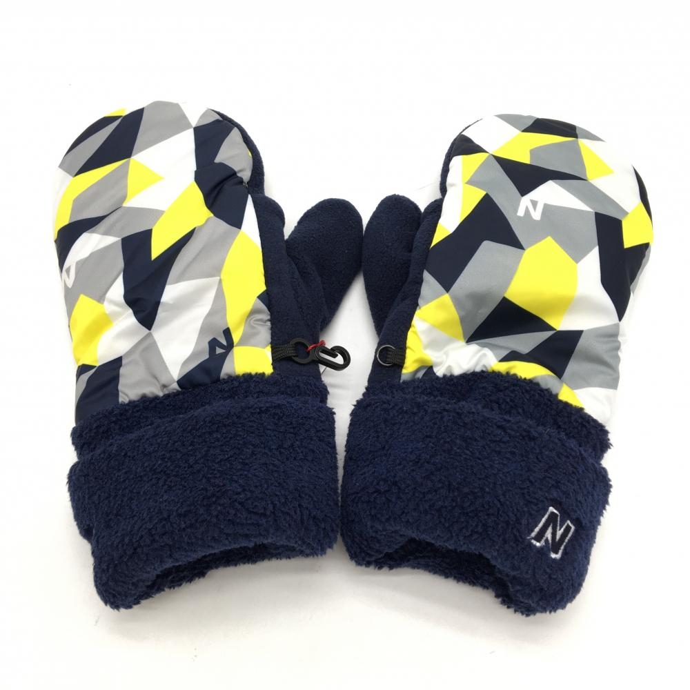 【新品】ニューバランスゴルフ 手袋 ネイビー×イエロー 一部柄 ボア フリース ミトングローブ 両手 メンズ FR ゴルフウェア New Balance