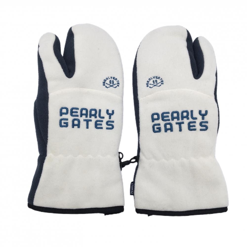 【美品】パーリーゲイツ ミトングローブ 白×ネイビー フリース ロゴ刺しゅう 手袋 レディース  ゴルフウェア PEARLY GATES