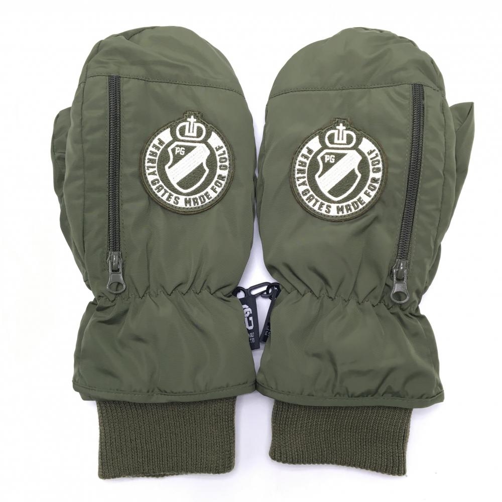 【美品】パーリーゲイツ 手袋 ダークグリーン×白 内側フリース ミトングローブ レディース 男女共通サイズS ゴルフウェア PEARLY GATES