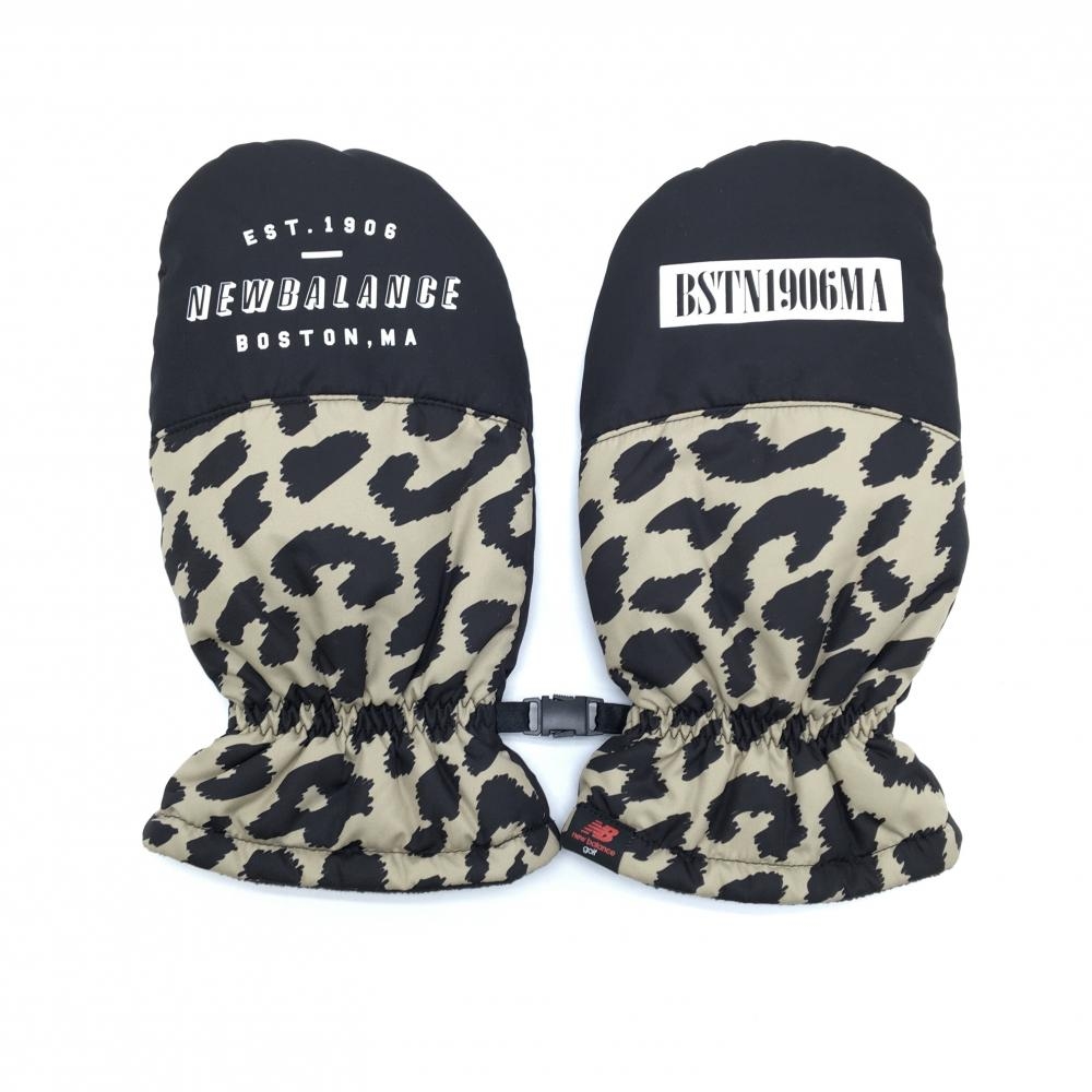 【超美品】ニューバランスゴルフ 手袋 黒×ベージュ レオパード ヒョウ柄 ミトングローブ レディース L ゴルフウェア New Balance