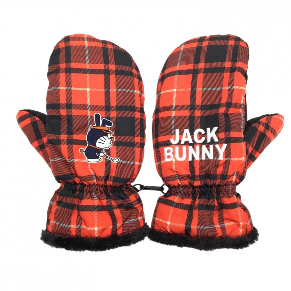 【超美品】ジャックバニー×ドラえもん 手袋 オレンジレッド系×黒 チェック ゴルファードラえもん ミトングローブ FREEゴルフ Jack Bunny