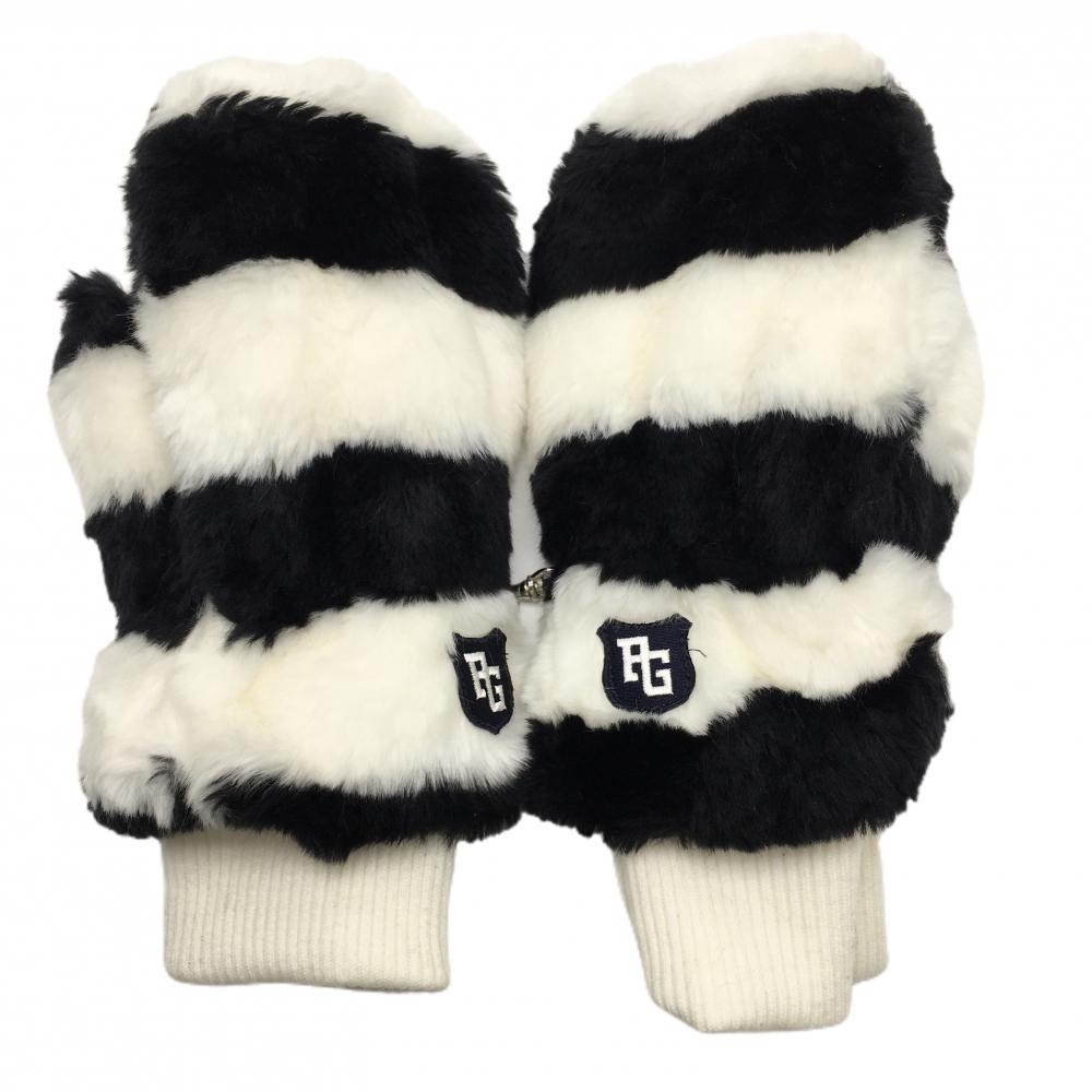 【超美品】パーリーゲイツ 手袋 白×黒 ボーダー ファー ミトン FREEゴルフ PEARLY GATES