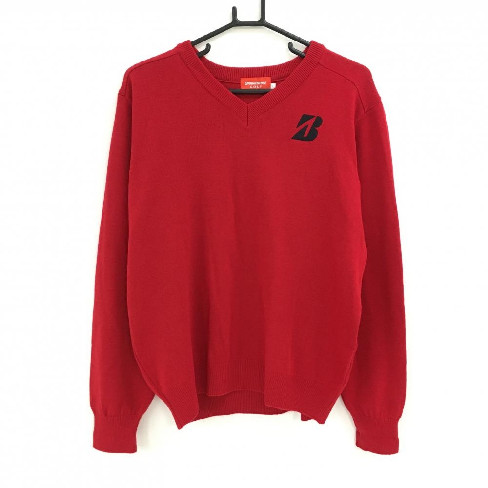 【美品】ブリヂストンゴルフ セーター レッド Vネック ロゴ刺しゅう ニット メンズ L ゴルフウェア Bridgestone