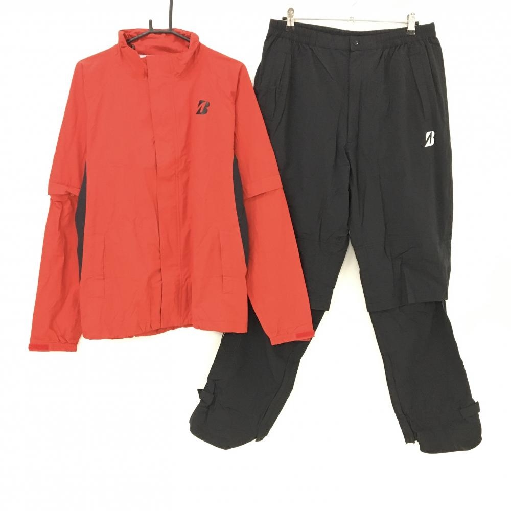 【美品】ブリヂストン レインウェア(2WAYジャケット×パンツ) レッド×黒 ロゴプリント 裏地メッシュ メンズ 3L ゴルフウェア Bridgestone