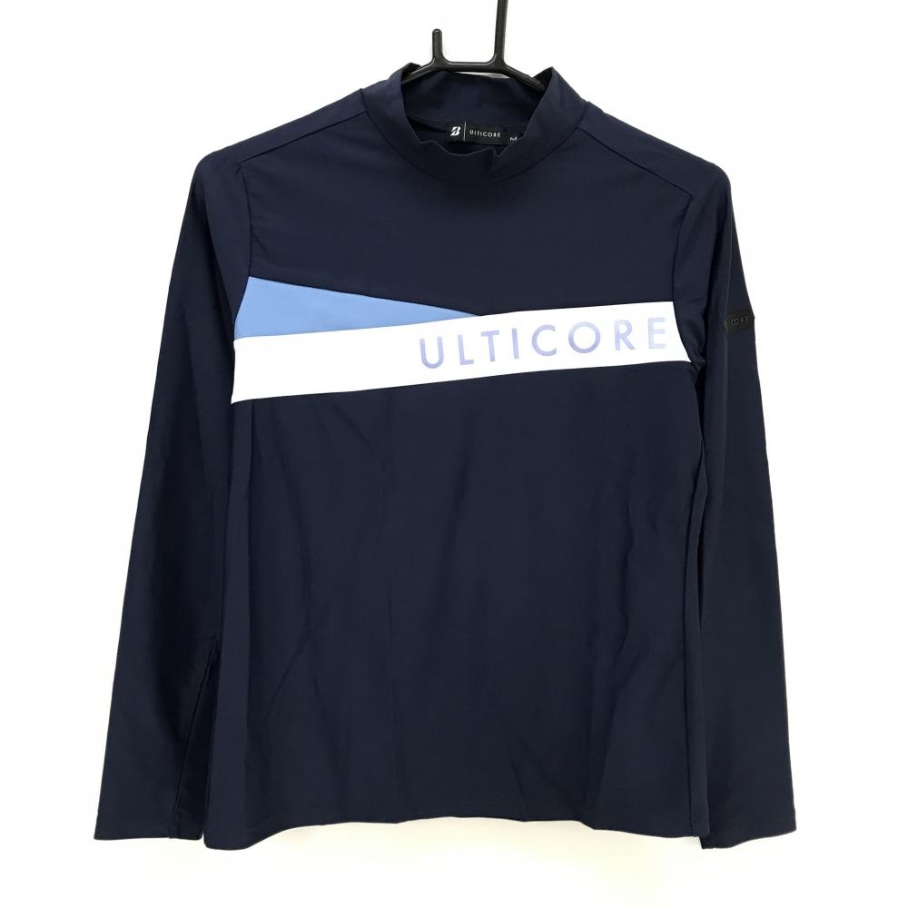 【美品】ブリヂストン 長袖ハイネックシャツ ネイビー×白 胸元プリント バイカラーULTICORE  レディース M ゴルフウェア Bridgestone