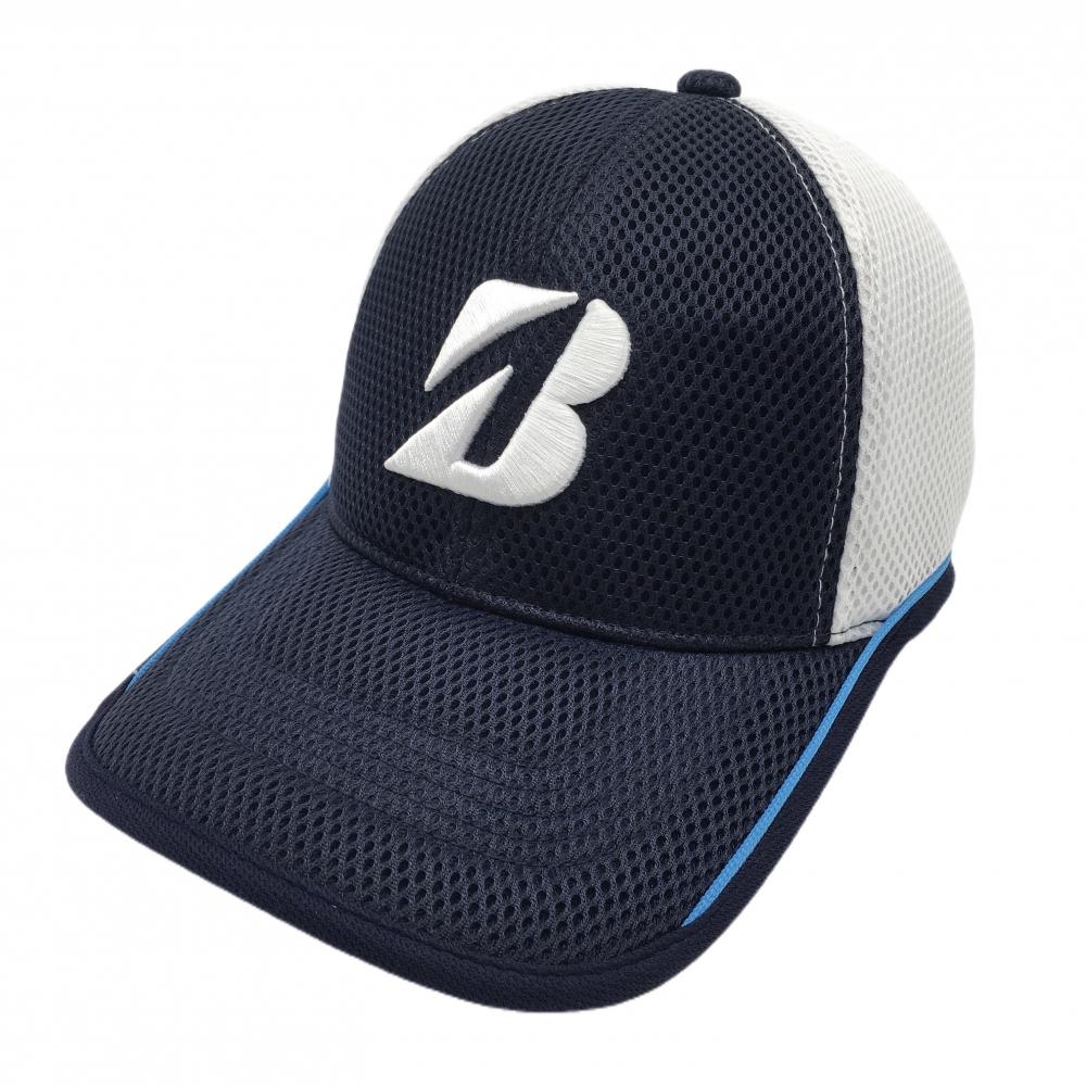 【超美品】ブリヂストン メッシュキャップ ネイビー×白 立体ロゴ刺しゅう フリーサイズ(約56～59cm)  ゴルフウェア Bridgestone