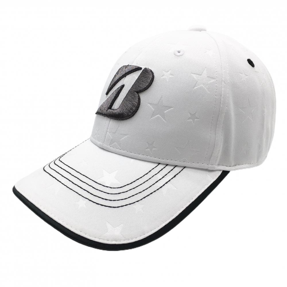 【超美品】ブリヂストン キャップ 白 星地模様 ロゴグレー フリーサイズ(約55-58cm)  ゴルフウェア Bridgestone