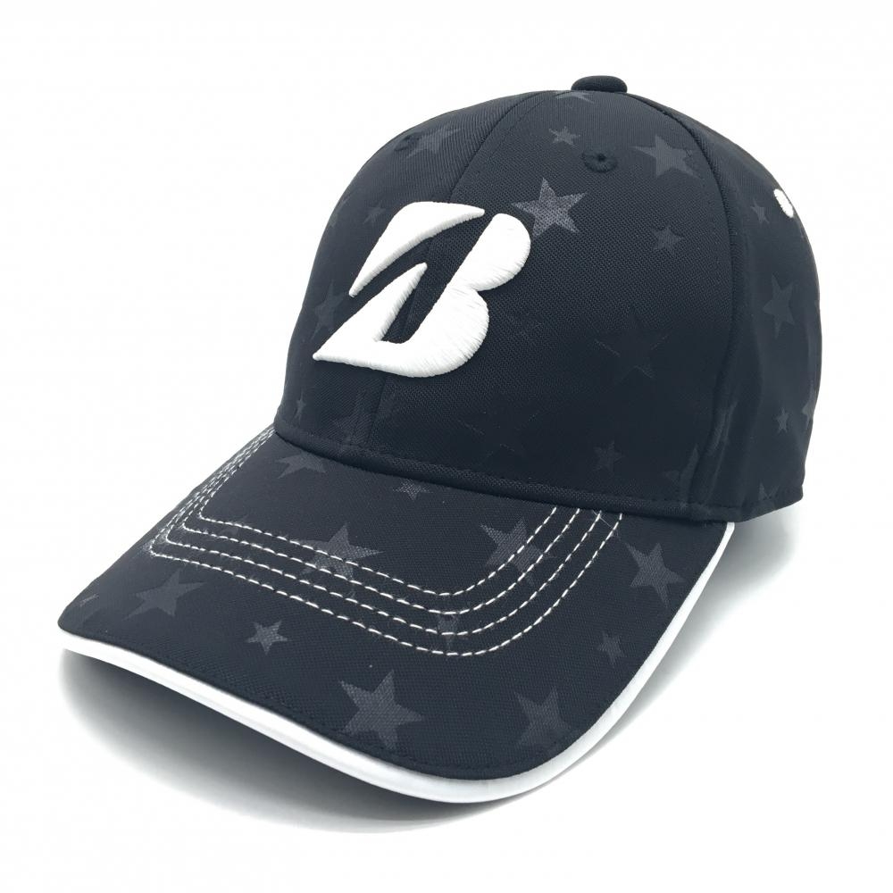 【超美品】ブリヂストンゴルフ キャップ 黒×白 星地模様 ロゴ刺しゅう  フリーサイズ(約55-58cm)   ゴルフウェア Bridgestone