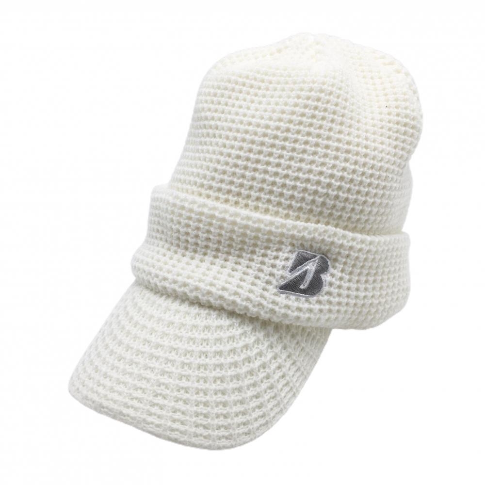 【美品】ブリヂストン つば付ニット帽 白 アクリル100％ ロゴグレー フリーサイズ(約56～59cm)  ゴルフウェア Bridgestone