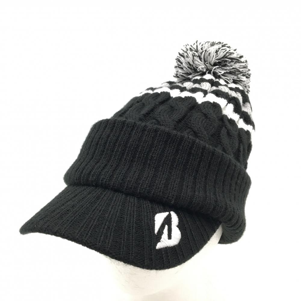 【超美品】ブリヂストン つば付きニット帽 黒×白 ボンボン付き フリーサイズ(約55-58cm)  ゴルフウェア Bridgestone