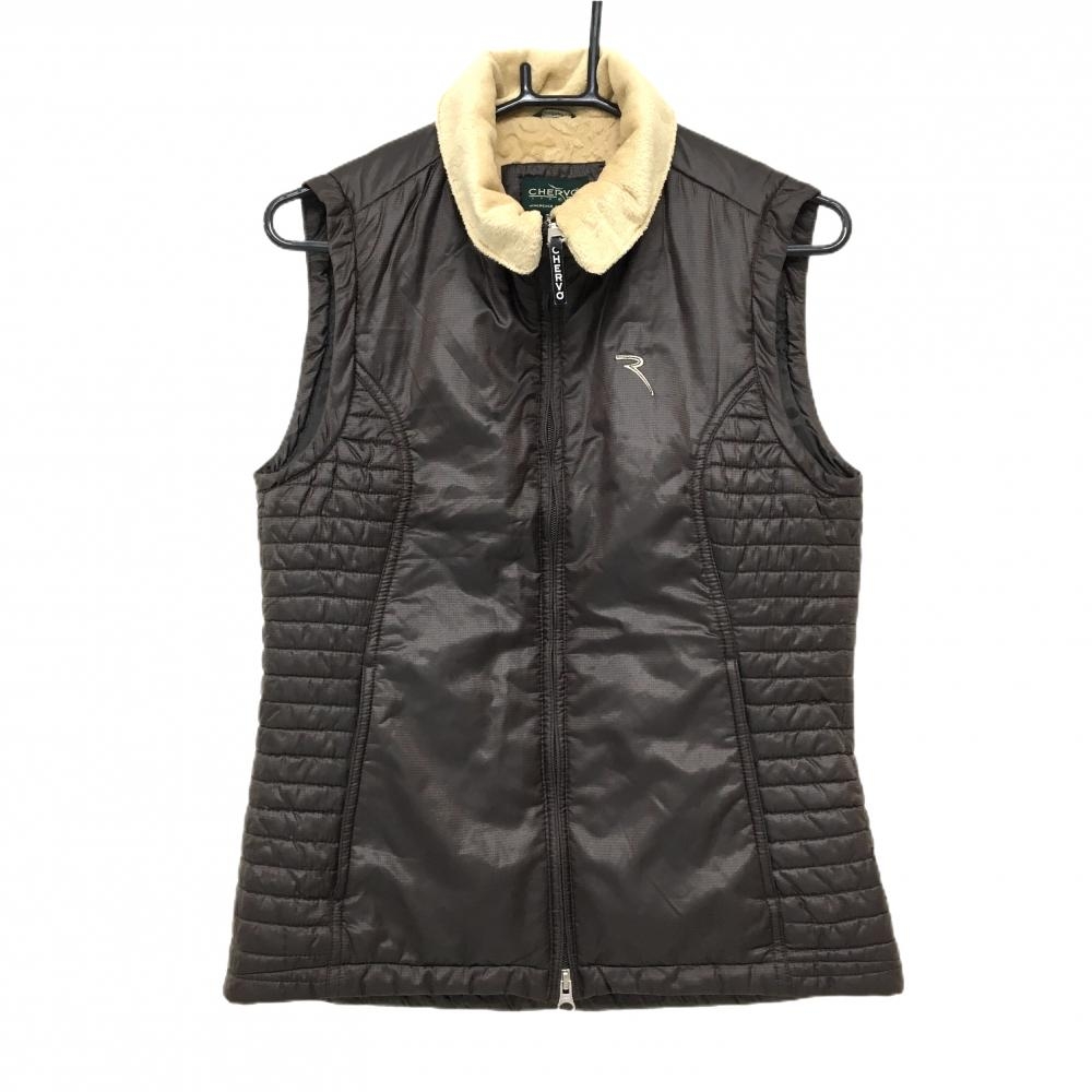【美品】シェルボ 中綿ベスト ダークブラウン 地模様 ネック内側ボア  レディース USA-S ゴルフウェア CHERVO