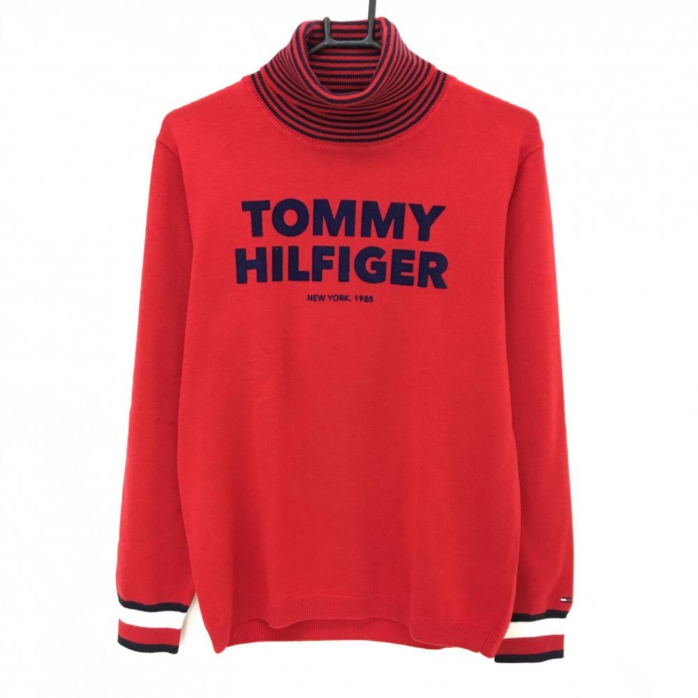 【美品】トミーヒルフィガーゴルフ タートルネックセーター レッド×ネイビー ネックボーダー メンズ L ゴルフウェア Tommy Hilfiger Golf