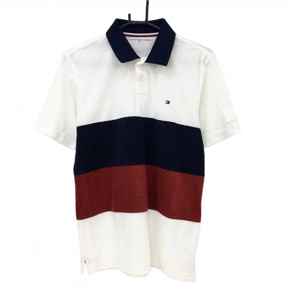 【美品】トミーヒルフィガーゴルフ 半袖ポロシャツ 白×ネイビー×レッド パイル地  メンズ L ゴルフウェア Tommy Hilfiger Golf 画像