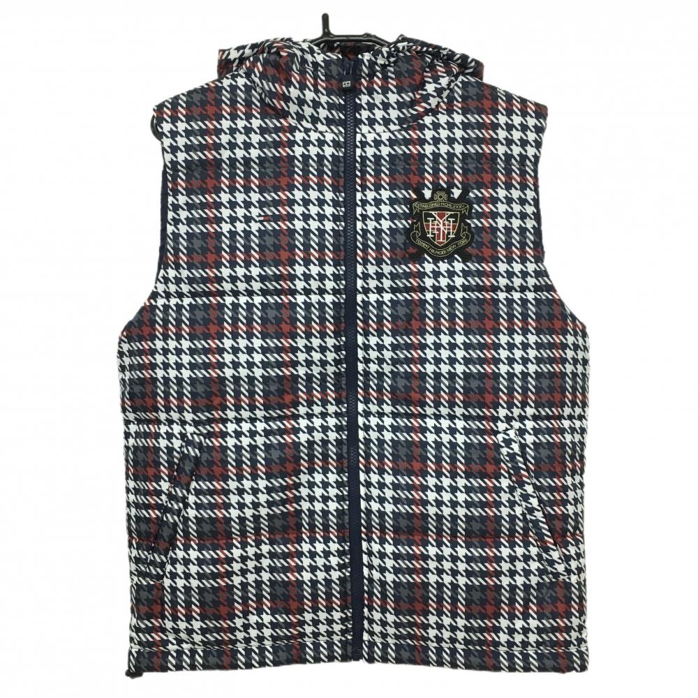 【美品】トミーヒルフィガー 中綿ベスト ネイビー×白 千鳥格子 フード付き 胸元ワッペン メンズ L ゴルフウェア Tommy Hilfiger Golf