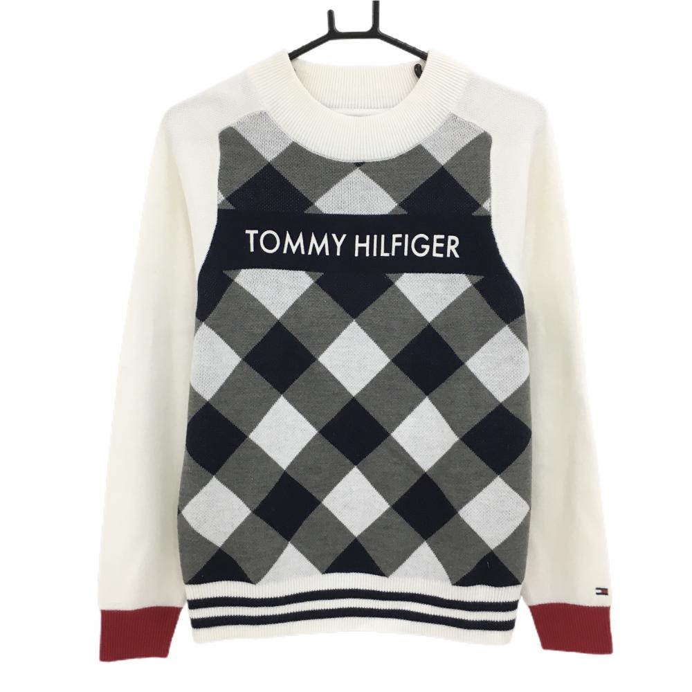 【美品】トミーヒルフィガー セーター 白×ネイビー 身頃ダイヤ柄 ニット  レディース M ゴルフウェア Tommy Hilfiger Golf