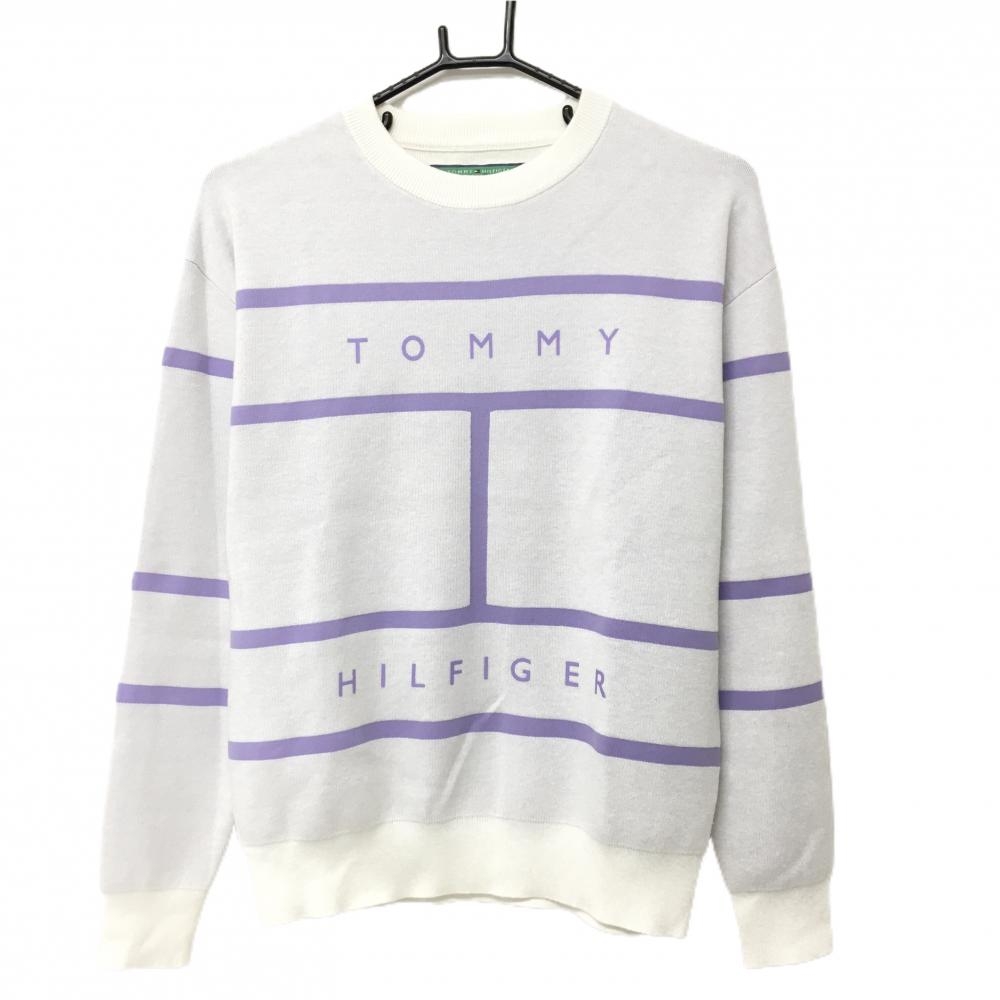 【超美品】トミーヒルフィガーゴルフ セーター 白×パープル フロントロゴ  レディース M ゴルフウェア Tommy Hilfiger Golf