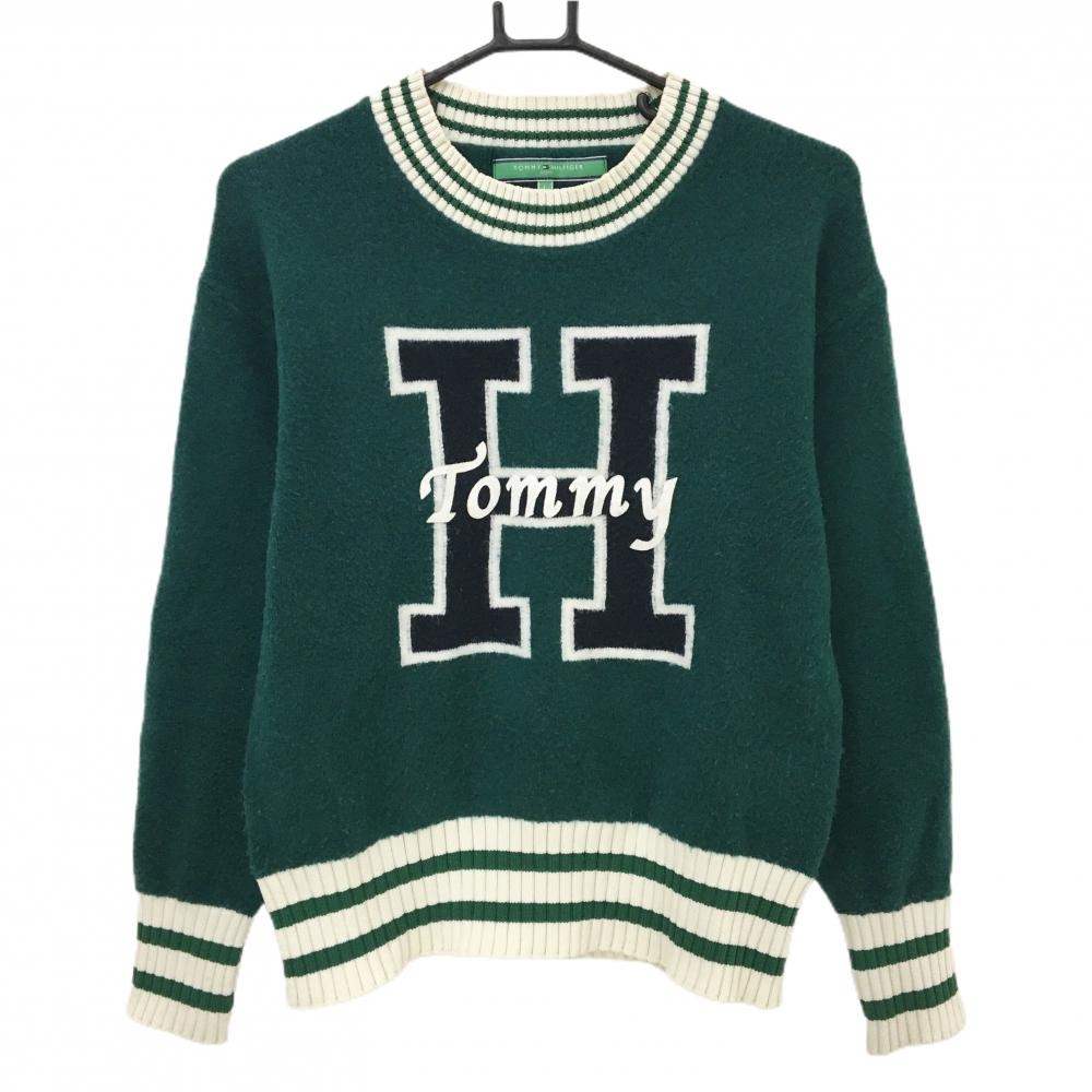 トミーヒルフィガーゴルフ セーター グリーン×白 ウール混 袖ロゴ刺しゅう ニット レディース L ゴルフウェア Tommy Hilfiger Golf