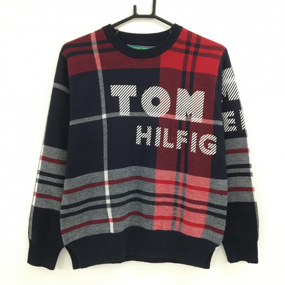 【美品】トミーヒルフィガーゴルフ セーター ネイビー×レッド チェック ロゴ ニット レディース M ゴルフウェア Tommy Hilfiger Golf