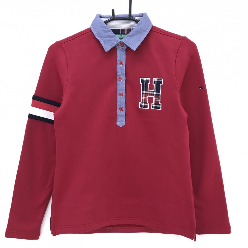 【美品】トミーヒルフィガーゴルフ 長袖ポロシャツ レッド×ネイビー 裏起毛 襟裏チェック レディース M ゴルフウェア Tommy Hilfiger Golf