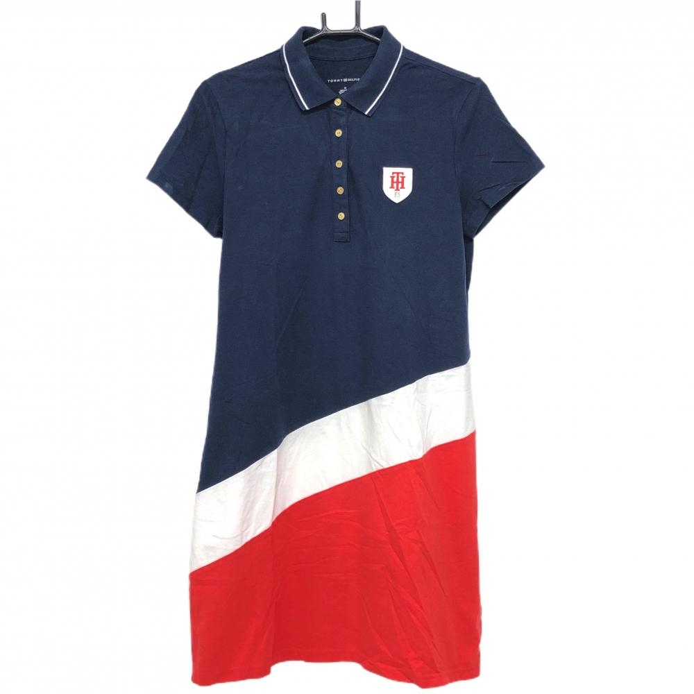 トミーヒルフィガー 半袖ポロワンピース ネイビー×レッド トリコロール ワッペン レディース M ゴルフウェア Tommy Hilfiger Golf