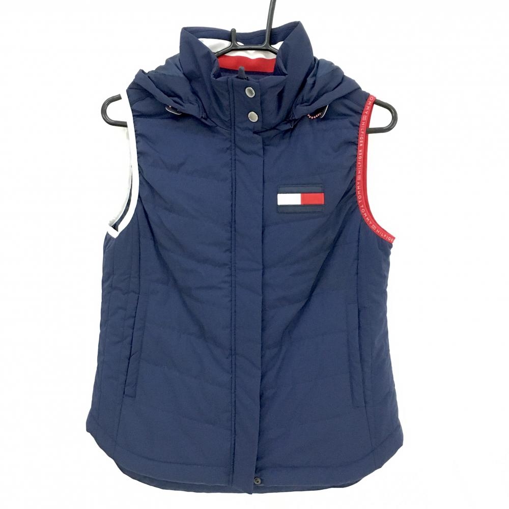 【超美品】トミーヒルフィガーゴルフ 2WAY中綿ベスト ネイビー×レッド 一部トリコロール  レディース L ゴルフウェア Tommy Hilfiger Golf