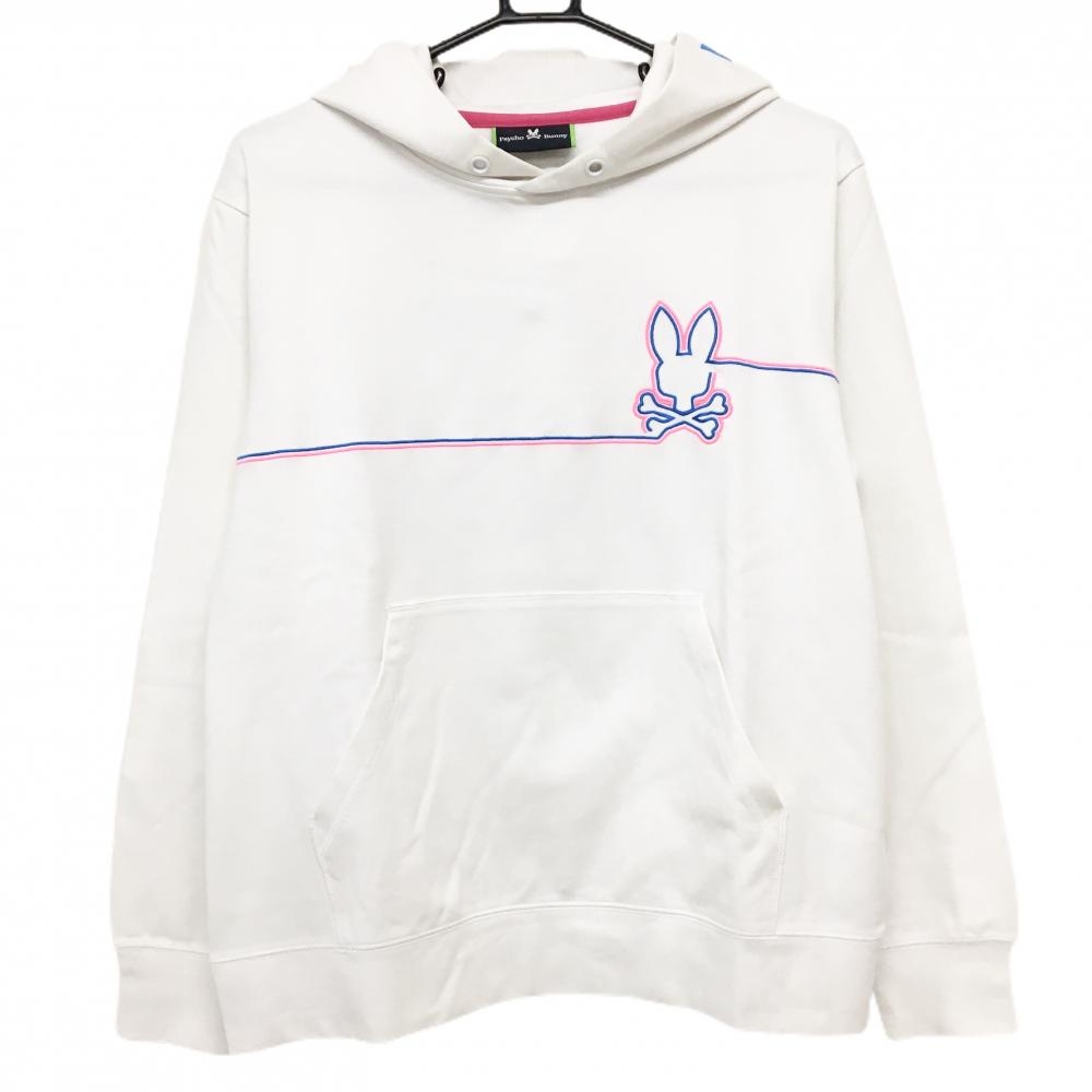 【超美品】サイコバニー フード付トレーナー 白×ライトブルー フードロゴ スカルラビット 裏微起毛 メンズ L ゴルフウェア Psycho Bunny
