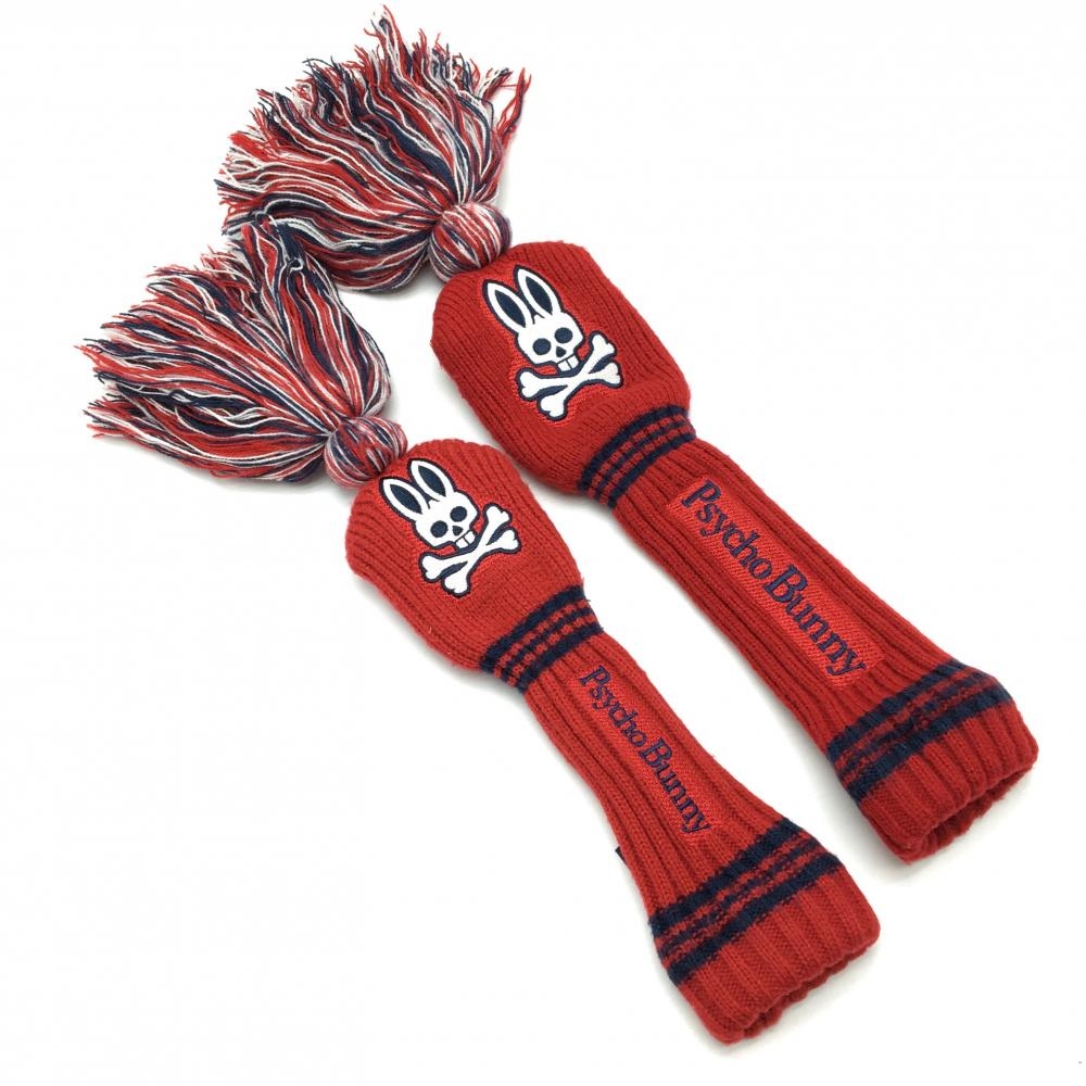 サイコバニー ヘッドカバー2点セット(FW UT) レッド×ネイビー ニット スカルバニー ポンポン付ゴルフ Psycho Bunny